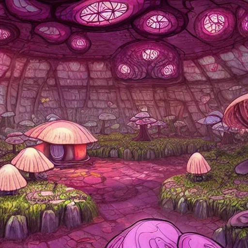 Prompt: concept art painting of a interior of a circular alien fairytale fantasy fungus house made of mushrooms, realistic, detailed, cel shaded, magenta and gray, dark, in the style of makoto shinkai and greg rutkowski and james gurney