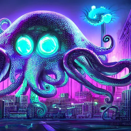 Image similar to big octopus monster burning neon city digital art, highly detailed, 4k,