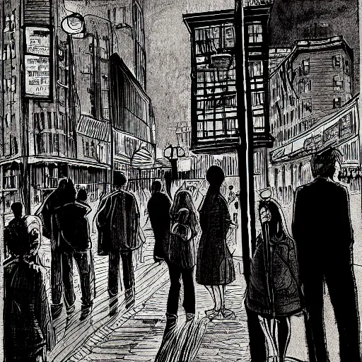 Prompt: a some people waiting in a lone bus stop in quiet dark city night, chiaroscuro ink pen european comics,high quality, high resolution,detailed