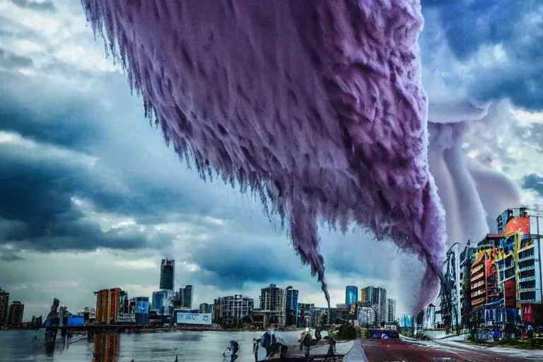 Image similar to destructive water tornado in the city, photorealistic, highly detailed, sharp focus, vivid, colorful, symmetrical, zoom, random, convoluted, mind - blowing, creative, fully functional, end of the world, taken from camera