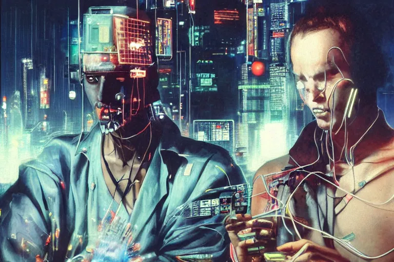 Image similar to man with wires on his head and a cigarette in his mouth, cyberpunk art by noriyoshi ohrai, behance contest winner, panfuturism, circuitry, darksynth, future tech