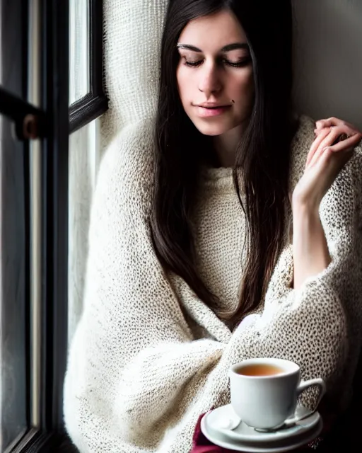 Image similar to a cozy photograph of a pretty french girl with dark hair, wearing a loose oversized white sweater, cuddled up by a windowsill looking at the camera over her mug of hot tea. dramatic lighting, fantasy, intricate, elegant, highly detailed, lifelike, photorealistic, Sigma 1.6, 50mm, bokeh, HDR, high resolution, artstation, concept art, smooth, sharp focus, art by John Collier and Albert Aublet and Krenz Cushart and Artem Demura and Alphonse Mucha