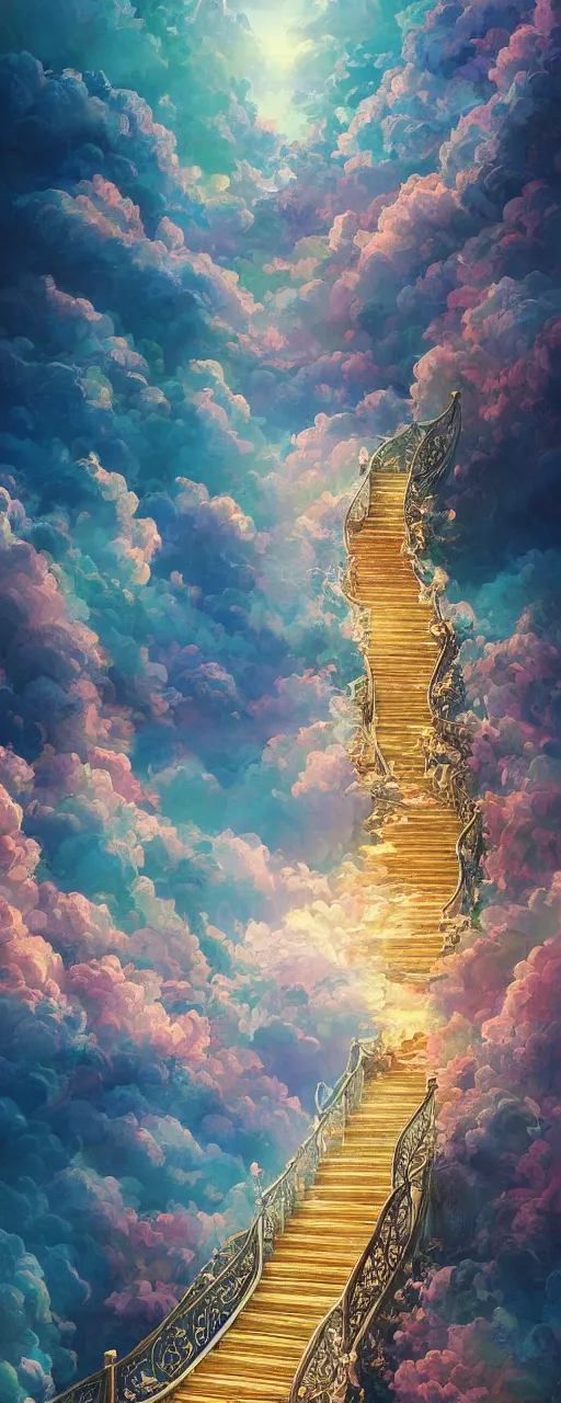 Prompt: A stunning scene of a stairway to heaven, heavenly atmosphere, detailed illustration, digital art, overdetailed art, complementing colors, trending on artstation, Cgstudio, the most beautiful image ever created, dramatic, subtle details, illustration painting, vibrant colors, 8K, award winning artwork, high quality printing, fine art, intricate, epic lighting, very beautiful scenery, 8k resolution, digital painting, sharp focus, professional art, atmospheric environment, 8k ultra hd, artstationHD, hyper detailed, elegant, cinematic, awe inspiring, beautiful, super hyper duper extra realistic