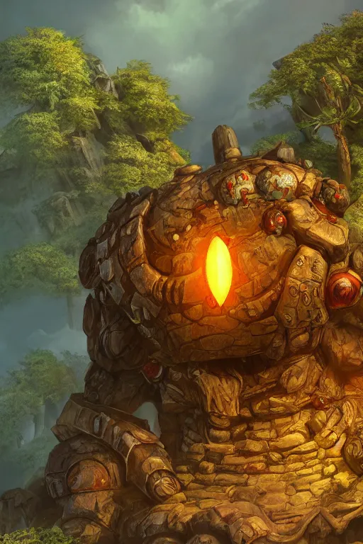 Image similar to zelda fantasy art giant golem troll wood rock greeble gemstone, global illumination ray tracing hdr fanart arstation by sung choi and eric pfeiffer and gabriel garza and casper konefal