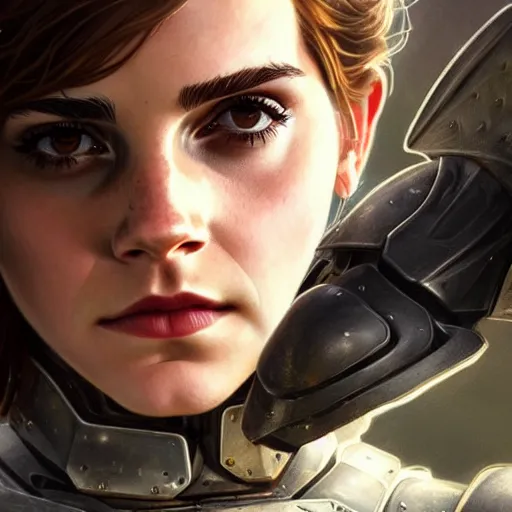 Image similar to beautiful Emma Watson in a Power Armor, western, closeup, D&D, fantasy, intricate, elegant, highly detailed, digital painting, artstation, concept art, matte, sharp focus, illustration, art by Artgerm and Greg Rutkowski and Alphonse Mucha