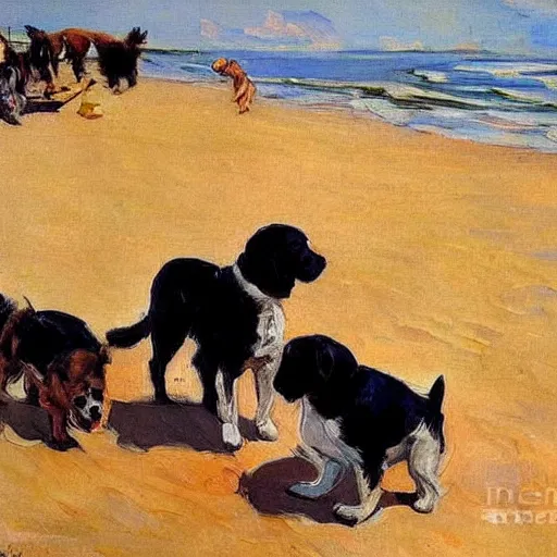 Image similar to dogs on the beach painted by sorolla