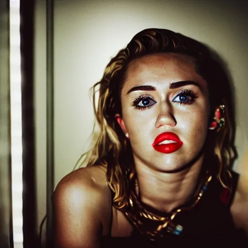 Image similar to Miley Cyrus in a dark room, movie still, photography, DSLR 35mm, low light photography,
