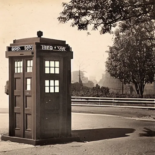 Prompt: the TARDIS on a british street corner, 1930s