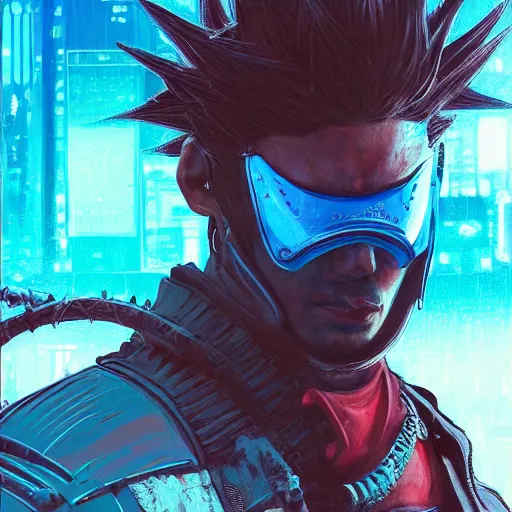 Image similar to portrait painting of a street samurai with spiky red hair riding a blue motorcycle, cyberpunk, glitchwave, ultra realistic, concept art, intricate details, eerie, highly detailed, photorealistic, octane render, 8 k, unreal engine. art by josan gonzales and moebius