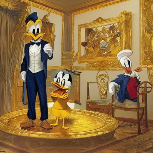 Image similar to Donald Duck meets Scrooge McDuck inside a room filled with gold pieces. Donald Duck wears a sailor suit and Scrooge McDuck wears a redingote and a top hat. Elegant, intricate, digital painting, artstation, concept art, smooth, sharp focus, illustration, art by artgerm and greg rutkowski and alphonse mucha