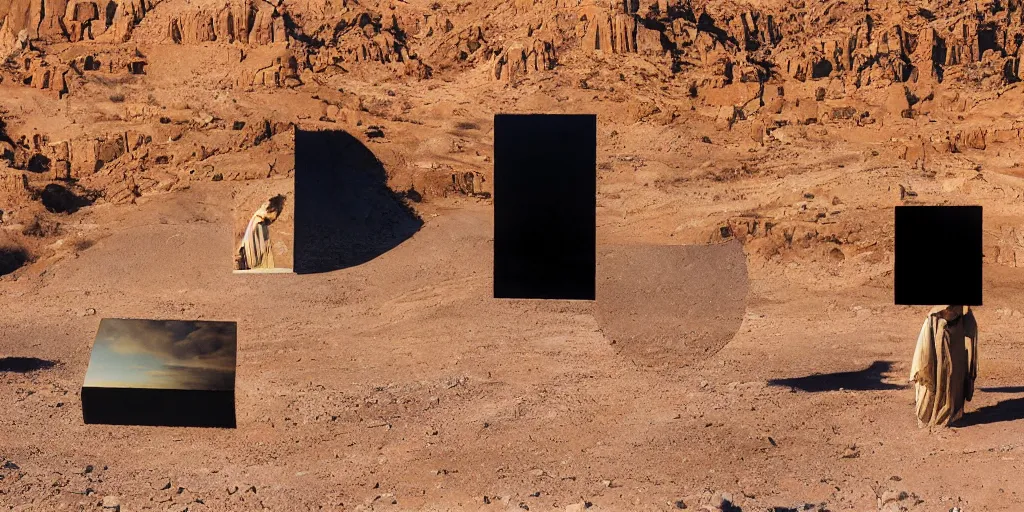 Prompt: levitating bene gesserit with full - face golden mask in a dry rocky desert landscape, visible sky and sunny atmosphere, fata morgana and giant square mirrors by alejandro jodorowsky, anamorphic lens, kodakchrome, practical effects, masterpiece, 8 k