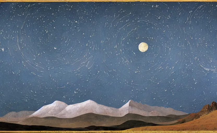 Prompt: mountains, stars and paisley filled sky, artstation, intricate, highly detailed, digital painting, concept art, sharp focus, illustration by Piero della Francesca and Charles Williams