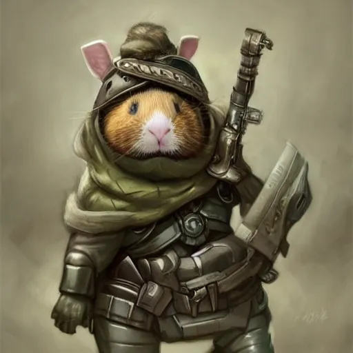 Image similar to cute little anthropomorphic Guinea Pig wearing Metal Gear outfit, ultra wide lens shot , tiny, small, short, cute and adorable, pretty, beautiful, DnD character art portrait, matte fantasy painting, DeviantArt Artstation, by Jason Felix by Steve Argyle by Tyler Jacobson by Peter Mohrbacher, cinematic lighting