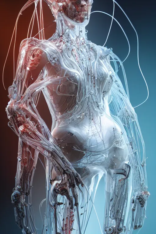 Image similar to iris van herpen, perfect symmetrical body, helmet on face, full body shot, inflateble shapes, wires, tubes, veins, jellyfish, white biomechanical details, wearing epic bionic cyborg implants, masterpiece, intricate, biopunk, vogue, highly detailed, artstation, concept art, cyberpunk, octane render