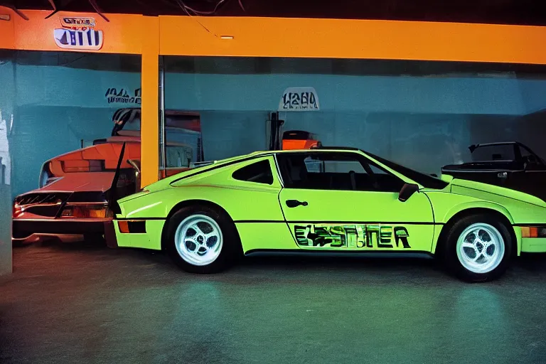 Prompt: 1985 Vector W8 Twin Turbo 911 BMW M1 inside of a car wash, ektachrome photograph, volumetric lighting, f8 aperture, cinematic Eastman 5384 film