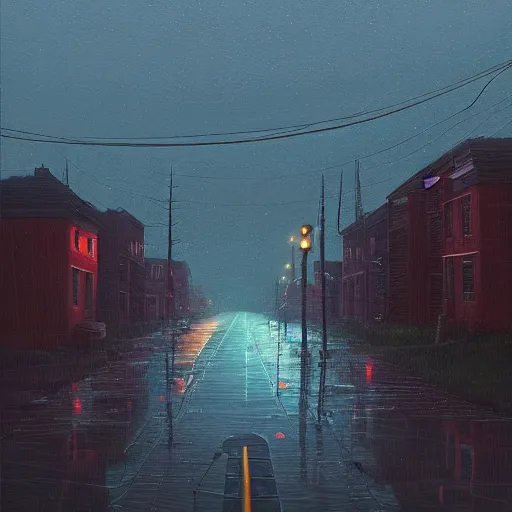 Image similar to an empty street at dusk, with a giant eldritch god emerging from the sky, rainy, wet streets, digital oil painting by simon stalenhag