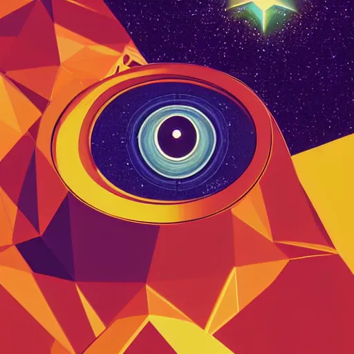 Prompt: a glowing minimal elegant crown sitting on a table with one beautiful eye on top of it like a jewel, one pupil in the eye, shining stars on top of the crown, night time, vast cosmos, geometric light rays exploding outwards into stars, bold black lines, flat colors, minimal psychedelic 1 9 5 0 s poster illustration