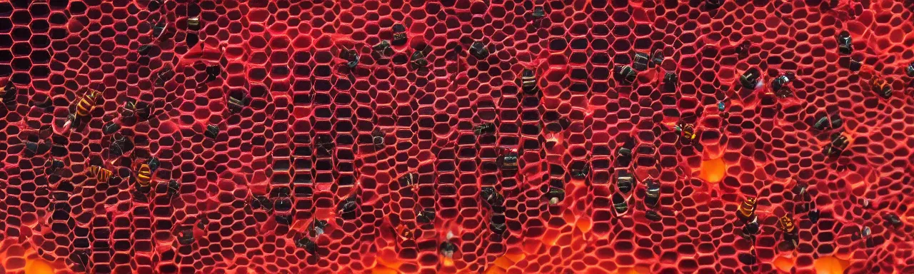 Image similar to crimson - black honeycomb dripping honey, bees flying, photorealistic, octane render, rtx, hdr, unreal engine, digital art widescreen 8 k