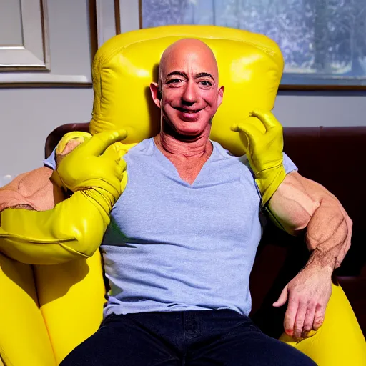 Prompt: portrait photo of swole jeff bezos cosplaying as lou ferrigno's incredible hulk while wearing yellow oven mitts and reclining in a lounge chair