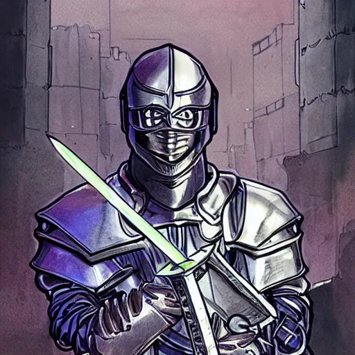 Prompt: a cyberpunk paladin in very heavy silver armor wearing a crusaders helmet he is holding a large long sword in a cyberpunk setting, comic book art, cyberpunk, art by stan lee, pen drawing, inked, colorful, bright high tech lights, dark, moody, dramatic, deep shadows, marvel comics, dc comics