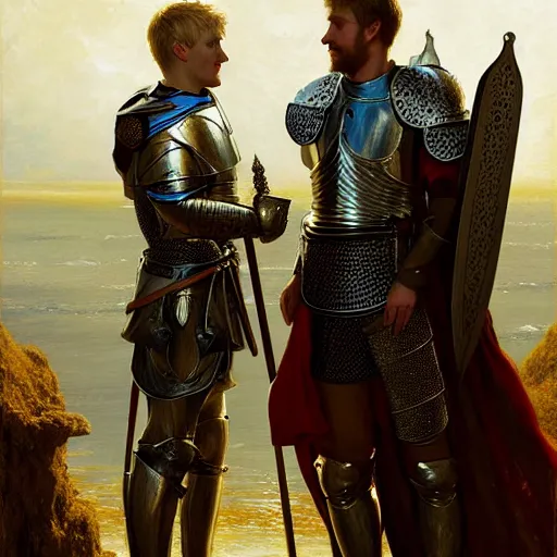 Image similar to attractive arthur pendragon and his favourite attractive male knight, they are in love, camelot, natural lighting, path traced, highly detailed, high quality, digital painting, by gaston bussiere, craig mullins, j. c. leyendecker