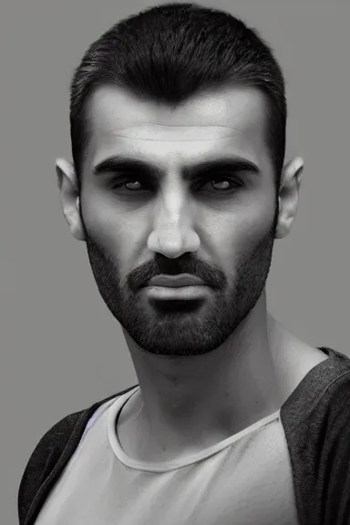 Prompt: portrait photo of a modern ( middle eastern ) man wearing a dark shirt, upper body game avatar, kodak film stock, chiaroscuro lighting, stylized bold outline, default pose neutral expression, face on head shot, closeup, eye contact, sharp focus, flat grey background, 4 k, volumetric lighting, french nouveau, artstation, octane render, ultra detailed