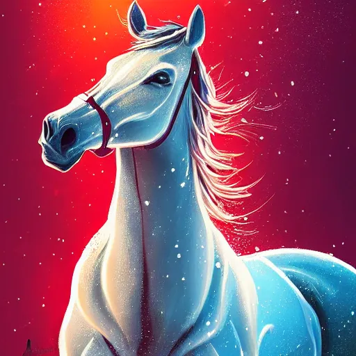 Prompt: a painting of a horse in the snow, poster art by petros afshar and alena aenami, cgsociety, nuclear art, reimagined by industrial light and magic, official art, poster art, red color scheme