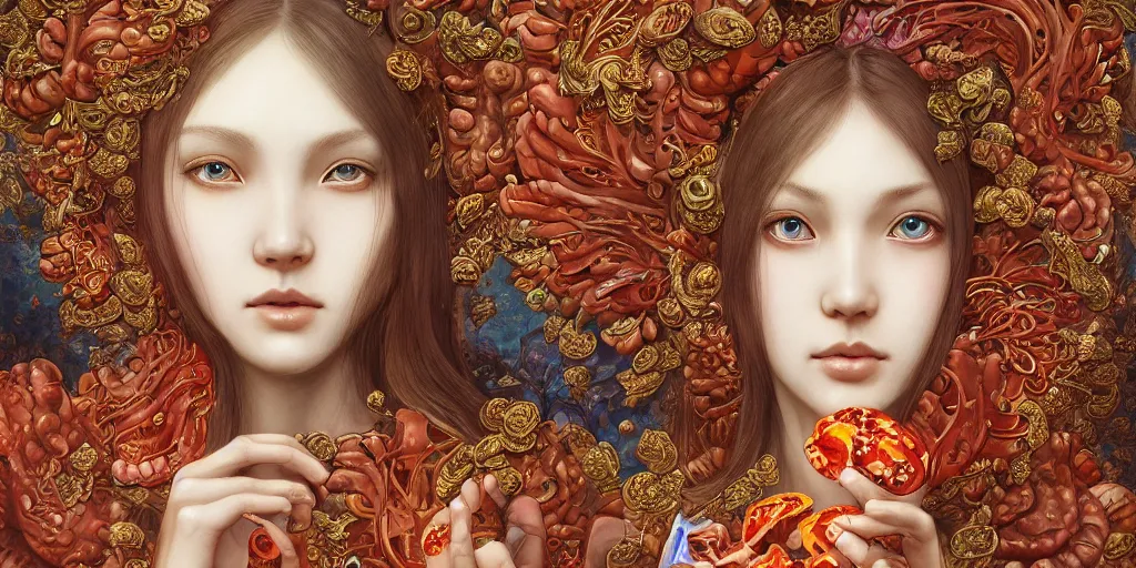 Image similar to breathtaking detailed concept art painting of the goddess of rafflesia arnoldii flowers, orthodox saint, with anxious, piercing eyes, ornate background, amalgamation of leaves and flowers, by Hsiao-Ron Cheng, James jean, Miho Hirano, Hayao Miyazaki, extremely moody lighting, 8K