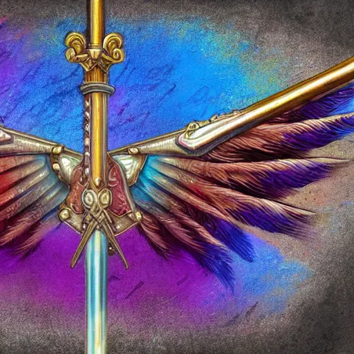 Prompt: medieval weapon, long spear made of multicoloured feathered wings, prismatic, detailed drawing, magic the gathering, white background