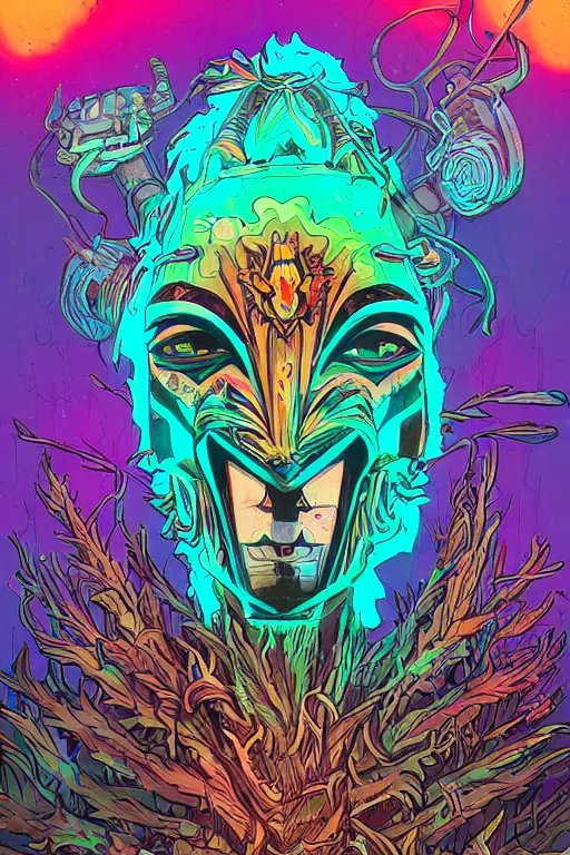 Image similar to totem animal tribal chaman vodoo mask feather gemstone plant wood rock video game illustration vivid color borderlands by josan gonzales and dan mumford radiating a glowing aura