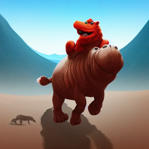 Prompt: Elmo riding a hippo through a desert landscape, digital painting, artstation, concept art, smooth, sharp focus, illustration, hyperrealistic, photorealistic