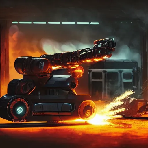 Image similar to toaster oven terminator robot, dark messy smoke - filled cluttered workshop, dark, dramatic lighting, orange tint, sparks, plasma charge, cinematic, highly detailed, sci - fi, futuristic, movie still