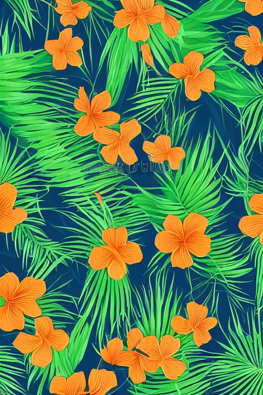 Image similar to Intricate detailed vector illustration of tropical flowers and green reeds, multiple cohesive colors ranging from warm blue to oranges on a ((very dark background)), 4K resolution