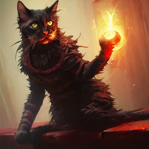 Prompt: Cat, Anthropomorphized, casting epic spell, horror, magic the gathering artwork, D&D, fantasy, centered, symmetrical, highly detailed, artstation, concept art, sharp focus, 8k, art by Akihiko Yoshida and Greg Rutkowski and Craig Mullins, oil painting