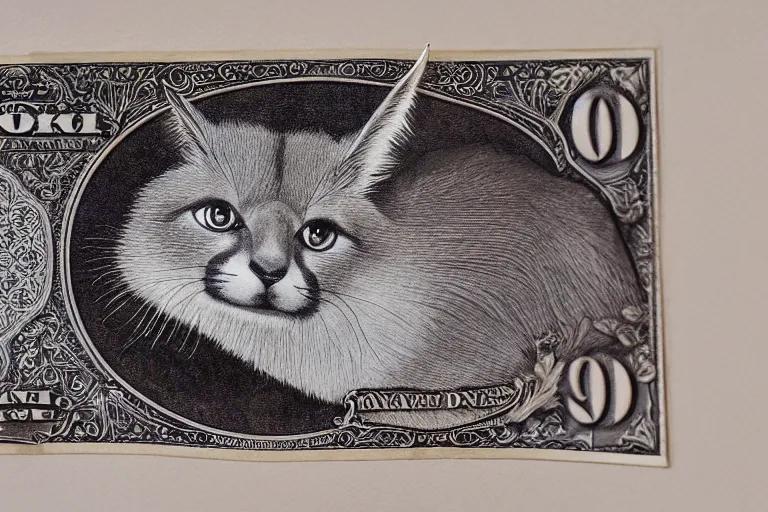 Image similar to one dollar banknote with face of cute caracal on it, intaglio style, photo realistic, ultra detailed, 8k, sharp focus