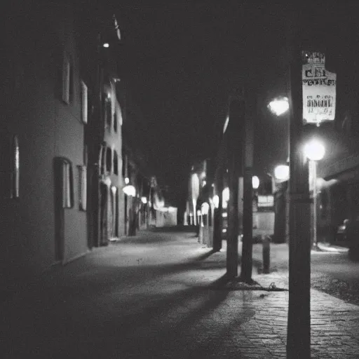 Prompt: “a mysterious neighborhood in the evening. Cozy, creepy. Pentax 50mm (2007)”