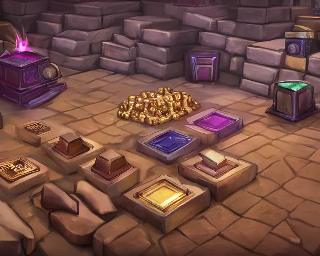 Prompt: screenshot of a chest full of ingots and gems and precious in a ps 5 videogame, concept art, architecture design, pyramids style, rtx, nvidia, renderer, stunning graphics