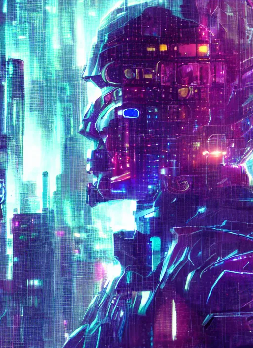 Image similar to one cyber godly person made of cosmic nebula galaxy energy watching a rainy colorful complex cyberpunk futuristic holographic city from behind at night through a window in a room, reflections, 8 k, photorealistic, concept art, wet, highly detailed, cinematic mood by ridley scott, ghost in the shell, trending on artstation, glowing and epic