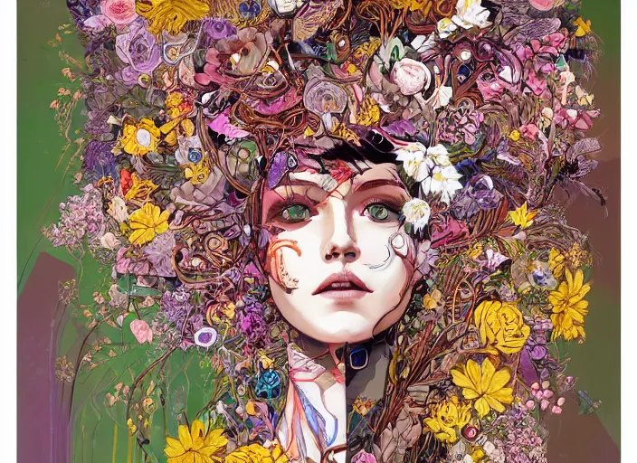 Image similar to a painting of a beautiful cyborg girl with a lot of flowers and plants on its head, surrounded by cables, poster art by android jones, behance contest winner, generative line art, made of flowers, grotesque, concert poster