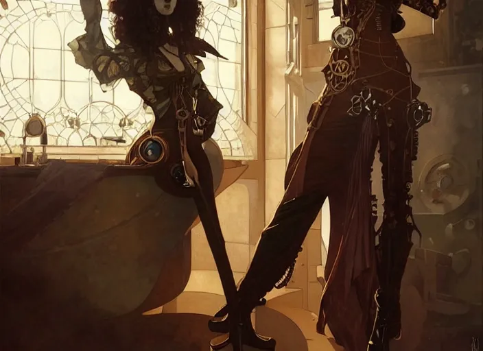 Prompt: woman model, steampunk!!! and modern, rgb, league of legens art, in a bathroom, backlit, elegant, highly detailed, digital painting, artstation, concept art, smooth, sharp focus, illustration, art by krenz cushart and artem demura and alphonse mucha