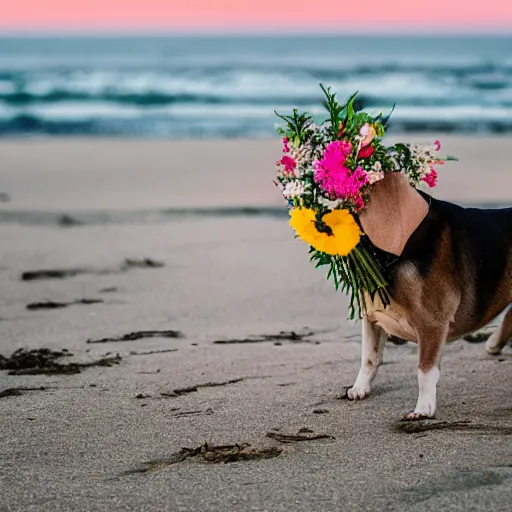 Image similar to a dog bringing a flower bouquet at its mouth, beach scenery, golden hour, sunset