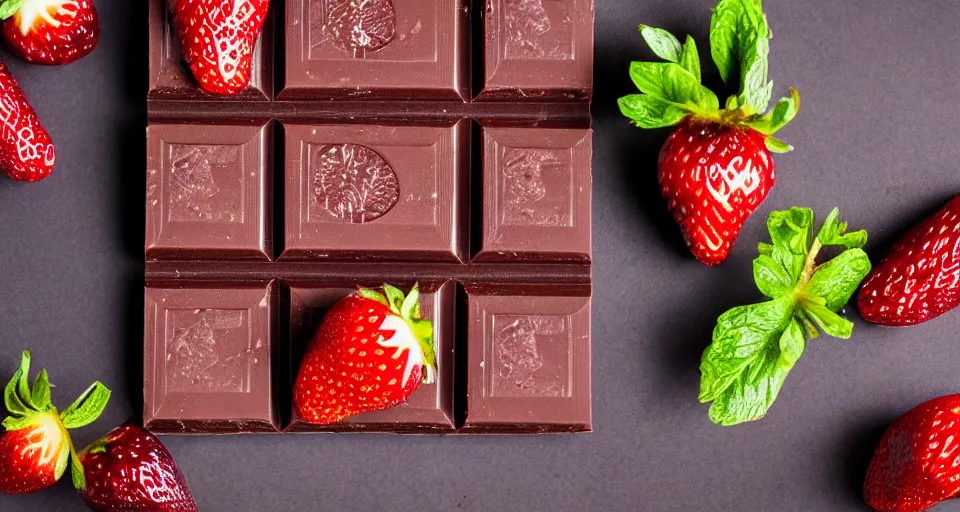 Image similar to An unwrapped gourmet dark chocolate bar, next to sliced strawberries, on a wooden tray, macro lens product photo