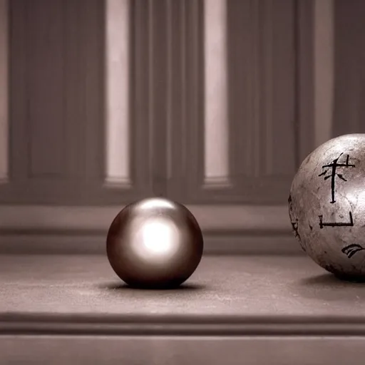 Image similar to an iron ball with weird symbols engraved on it, the ball is on a pedestal. the light enter the room by a hole in the ceiling. closeup. anne rice.