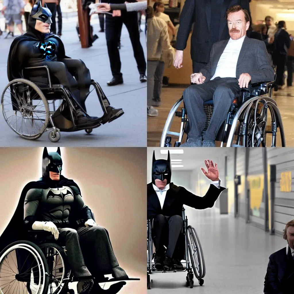 Prompt: bryan cranston on a wheel chair wearing a batman suit without mask
