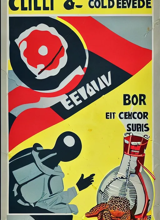 Image similar to cold war civil defense poster teaching survival secrets for atomic attacks, duck and cover with bert the turtle,