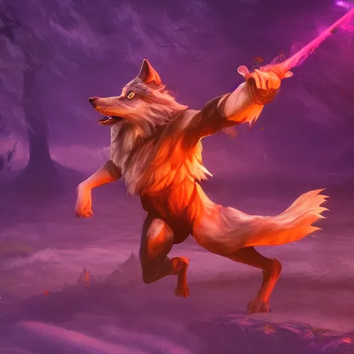 Image similar to wizard is casting magic spells as a wolf, dynamic pose, chromatic aberration, medium level shot, fantasy, illustration, concept art,