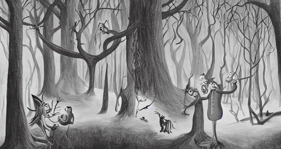 Image similar to Enchanted and magic forest, by Charles Addams