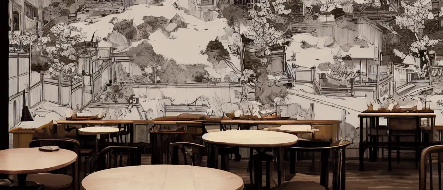 Prompt: a beautiful interior view illustration of a small roasted string hotpot restaurant in yan'an city, restaurant wall paper is a tower on a mountain, rectangle white porcelain table, black chair, animation illustrative style, \ from china, simple style structure decoration design, victo ngai, james jean, 4 k hd