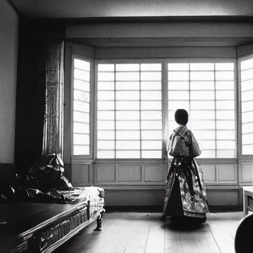 Image similar to woman in traditional hanbok waiting in living room while a giant Kaiju-eiga starfish is behind the window, 35mm film still, monochrome Wes Anderson and Fritz Lang