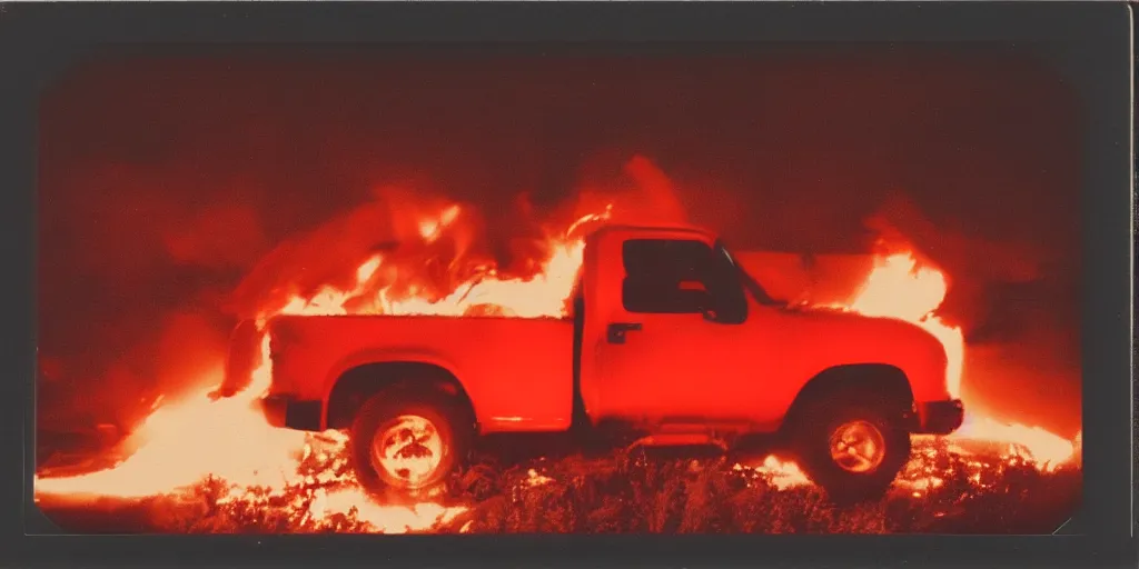 Image similar to polaroid photo of a red truck on fire, big smoke clouds, at night, stars visible in the sky, slight color bleed